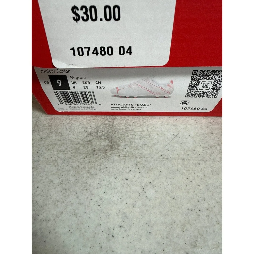 Puma Attacanto FG/AG Jr. Soccer Cleats - White/Fire Orchid, Size 9